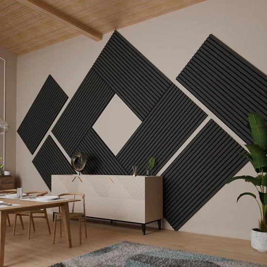 Juskys Jusky's - Akoestische Wandpanelen - Set Van 4 - Donkergrijs Eiken - 2,88 m² - Houten Design & Geluiddempend