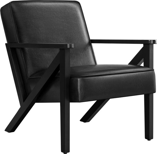 Yaheetech Vintage Loungestoel / Fauteuil met Z-poten 78x67x79,5 cm – Strak Zwart – PU-Kunstleder en Gummibaumhout