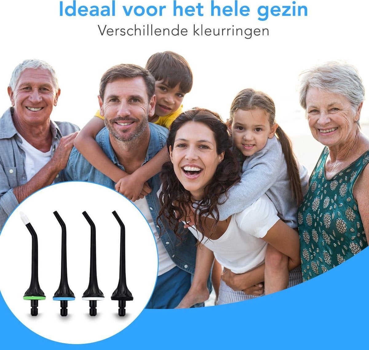 LifeGoods Flos Opzetstuk - 4 Stuks - Voor Flosapparaat - Zwart/Wit/Groen/Blauw