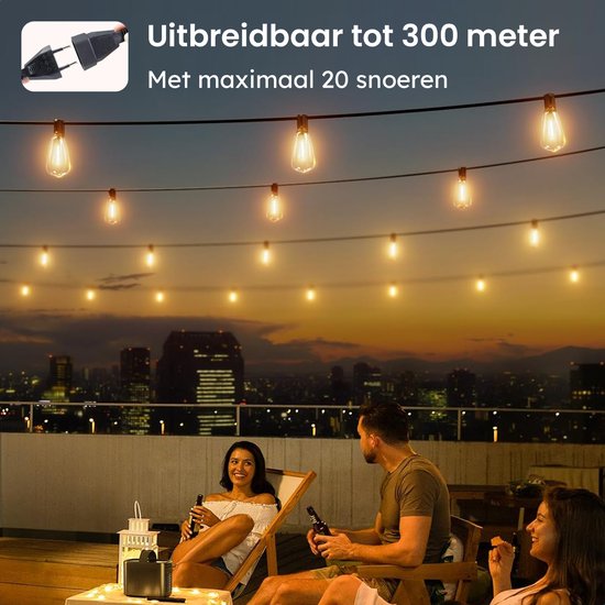 Partizzle 15m LED Lichtsnoer Edison - 25 Lampjes Slinger - Waterdicht Kerst Lichtslinger voor Buiten Terras en Camping - Kerstverlichting / Tuinverlichting - 2700k / Warm Wit