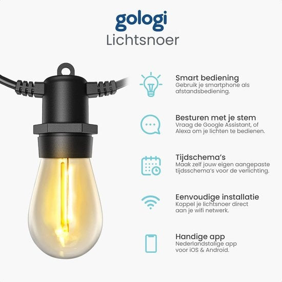 Gologi Lichtsnoer – Smart LED Verlichting met App – Waterdicht – 5 m – Warm Wit – Zwart