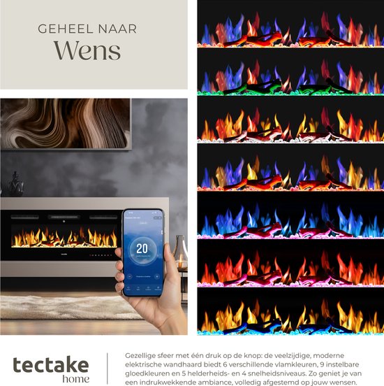 tectake® Wandhaard - Elektrische Haard - Sfeerhaard - 106,5 x 12 x 43 cm - 900W & 1800W - Bediening met Afstandsbediening of App - met Thermostaat - Kachel - met Verwarming - Haarden - Hout en Gloeieffecten - 3D Vlammen - Timer