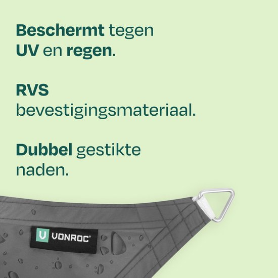 VONROC schaduwdoek rechthoek - 400x300 cm - grijs - waterafstotend - UV-bescherming UPF 50+ - incl. RVS bevestigingsset