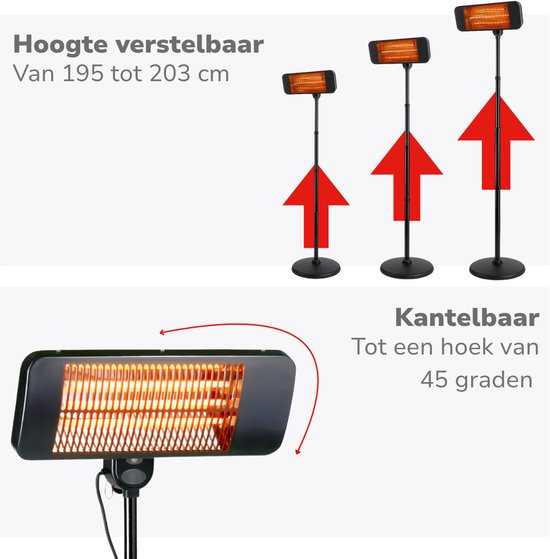 alpina Infrarood Verwarming Staand - Terras Heater 2000W 3 Warmtestanden - Spatwaterdichte Terrasheater IP24 met Infrarood Paneel