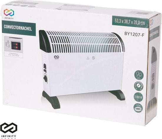 Infinity Goods Elektrische Convectorkachel - Turbo Functie en Ventilator - 750 / 1500 / 2000W - Verstelbare Thermostaat - Radiatorkachel - Oververhittingsbeveiliging - 35m² - Zwart/Wit