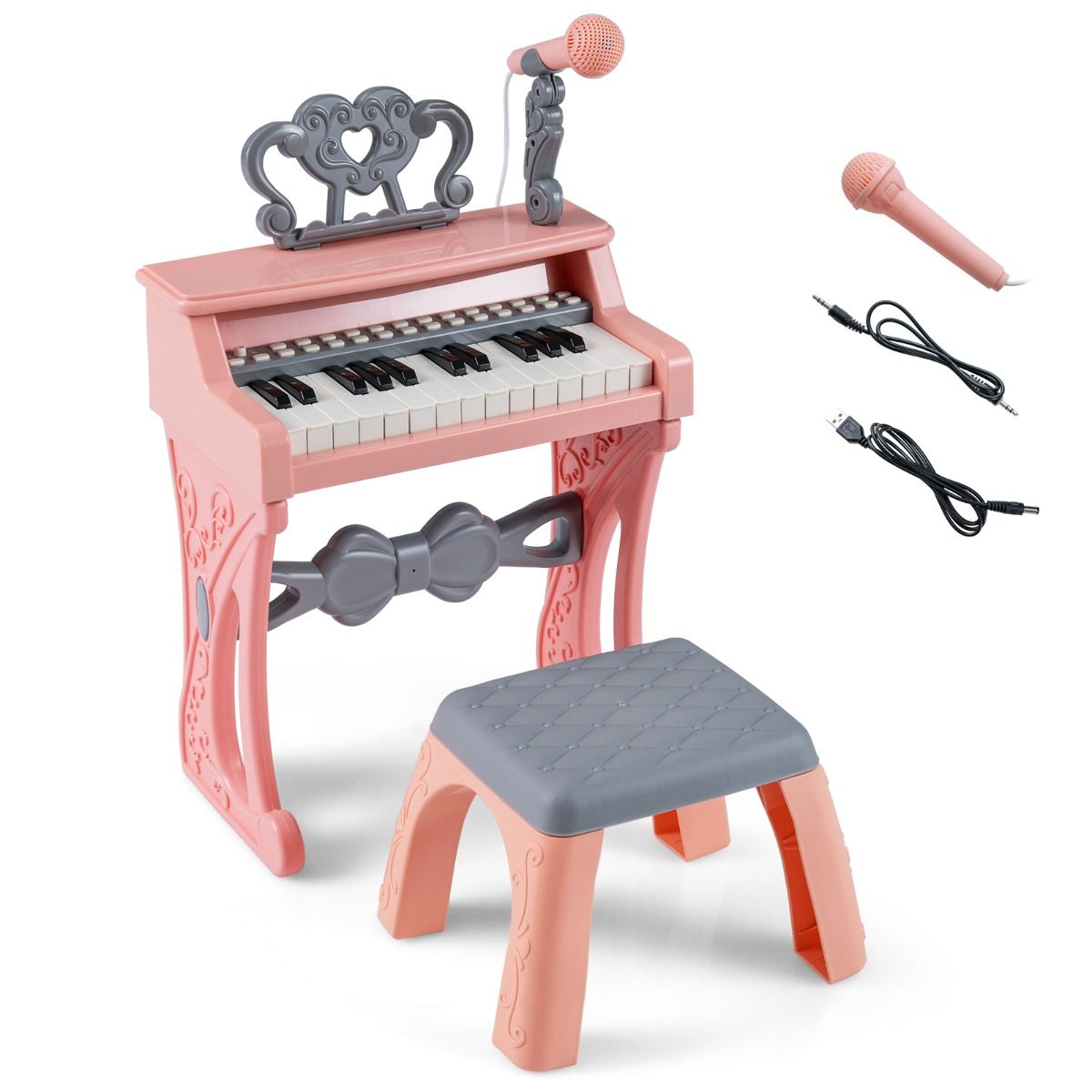 Coast Kinderkeyboardpiano - 25 toetsen - met krukje, muziekstandaard en microfoon - roze en grijs