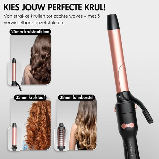 Sansbeauté® 3 in 1 Automatische Krultang met Klem - Keramische Haarkruller - 25mm tot 38mm - Beach Waves - Wavy Hair - Krultangen 33 38 mm 25 mm - Blowout Brush - Haarstyler - Hair Curler - Dunne en Dikke Crimper - Krultang Kort Haar