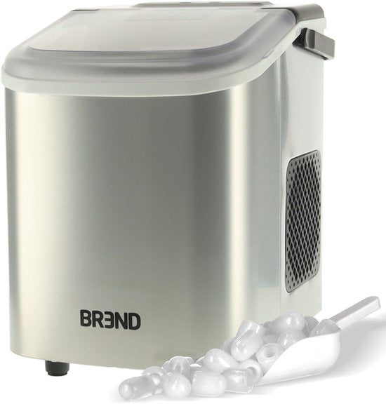 BREND BR-2213 IJsblokjesmachine met Schep en Lekbak - Grote L of Kleine S Ijsklontjes - Draagbare IJsblokjesmaker – 10 kg in 24 uur - Zilver