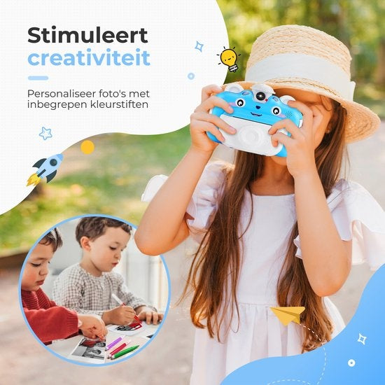 AyeKids Instant Print Kindercamera - Thermische Mini Printer - Fotoprinter - Inclusief 3 rollen & 12 Kleur Stiften - Blauw