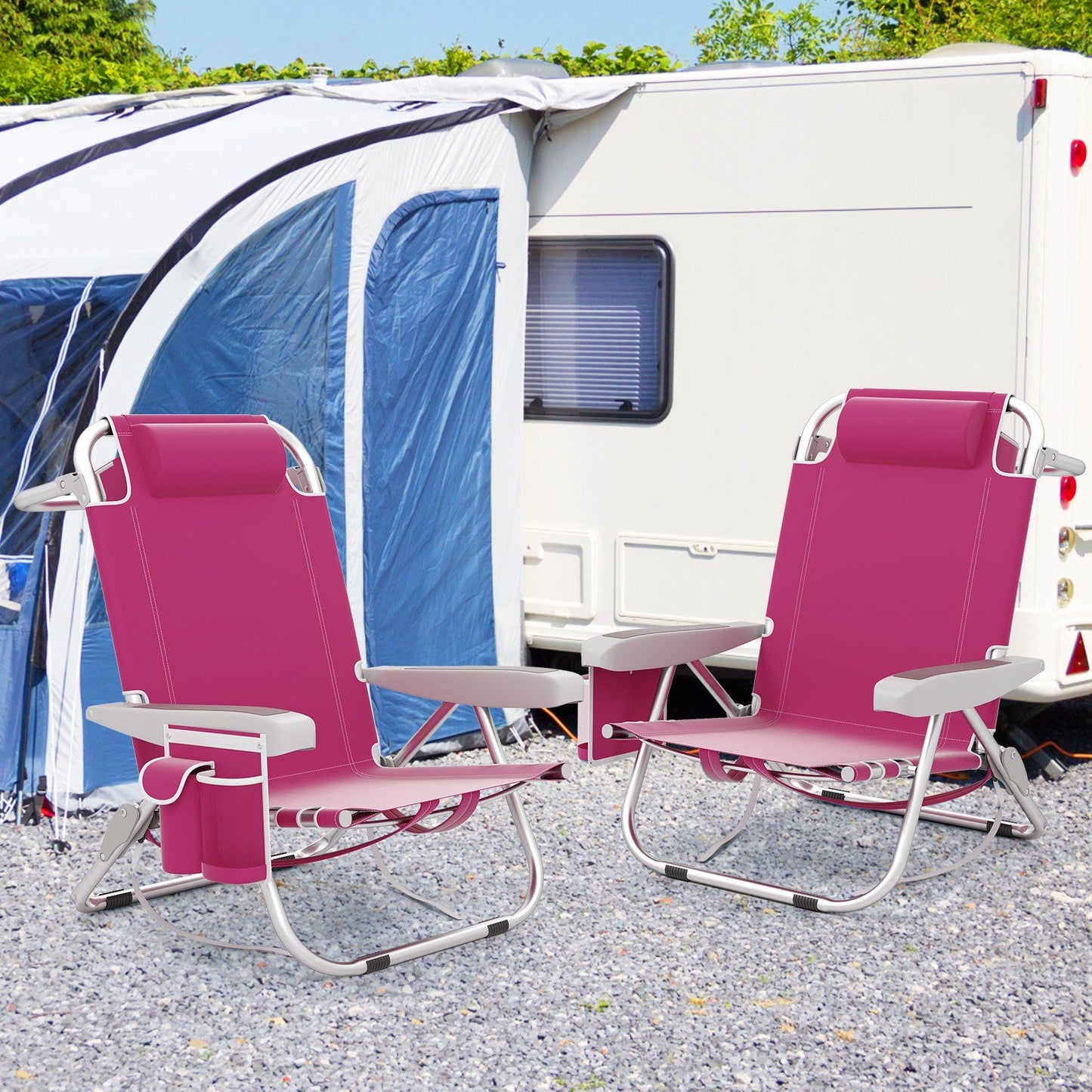 Coast Strandstoel Verstelbare Rugleuning 5-Standen Opvouwbare Ligstoel met Bekerhouder en Opbergvakken Roze 66x65x78 cm – 2 Stuks