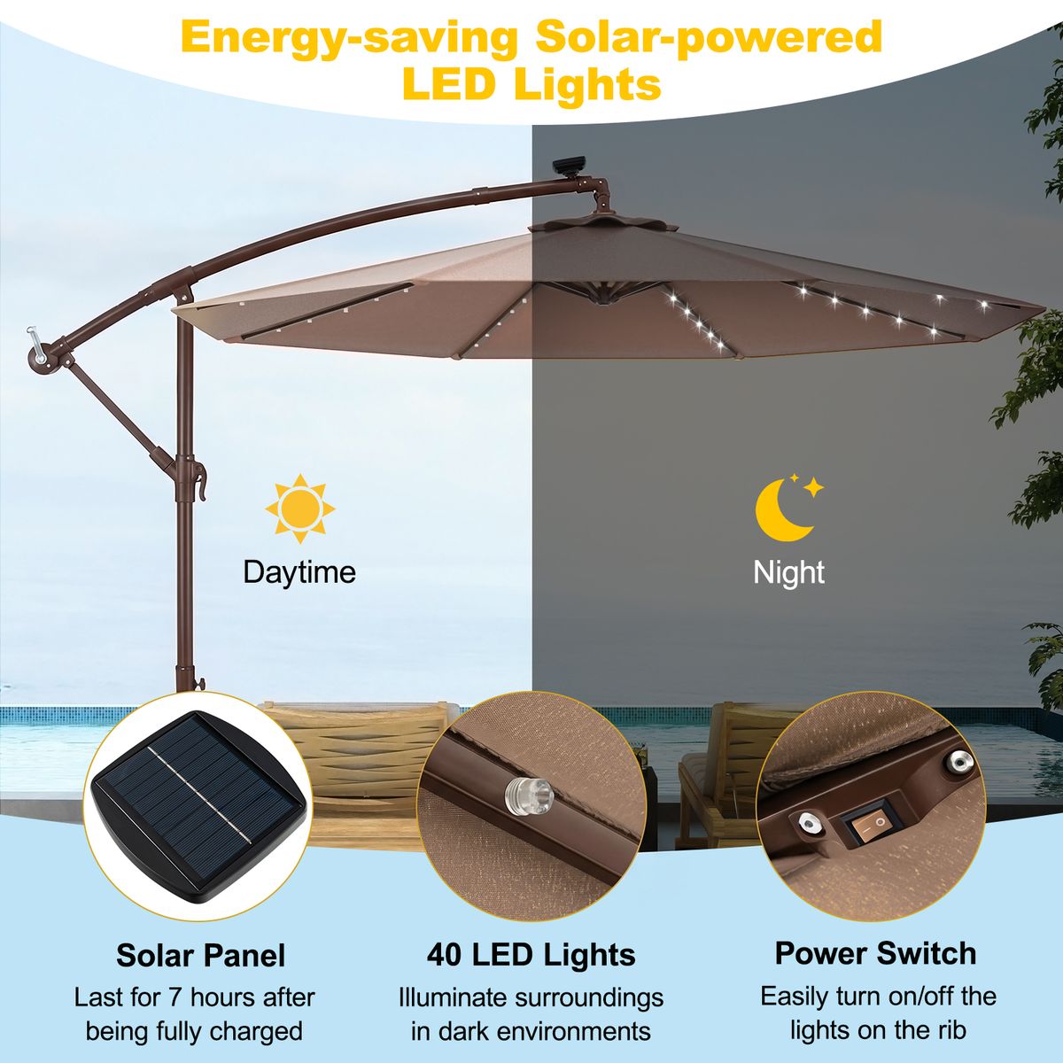 Coast Hangparasol op zonne-energie - 40 LED lampen - draaibaar en kantelbaar - bruin - 300 x 300 x 250 cm