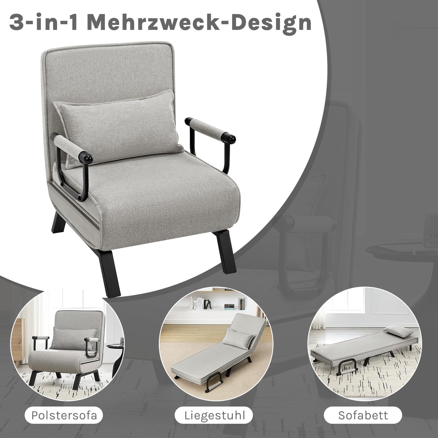 Woltu Slaapfauteuil - 3 In 1 - Verstelbare Rugleuning - Linnen - 65x78x75 cm - Lichtgrijs