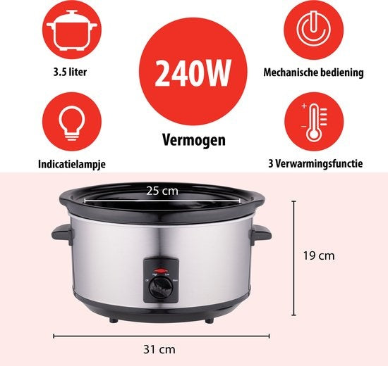 Alpina Slowcooker - 3.5 Liter - Keramische Binnenpan - 3 Warmtestanden - RVS