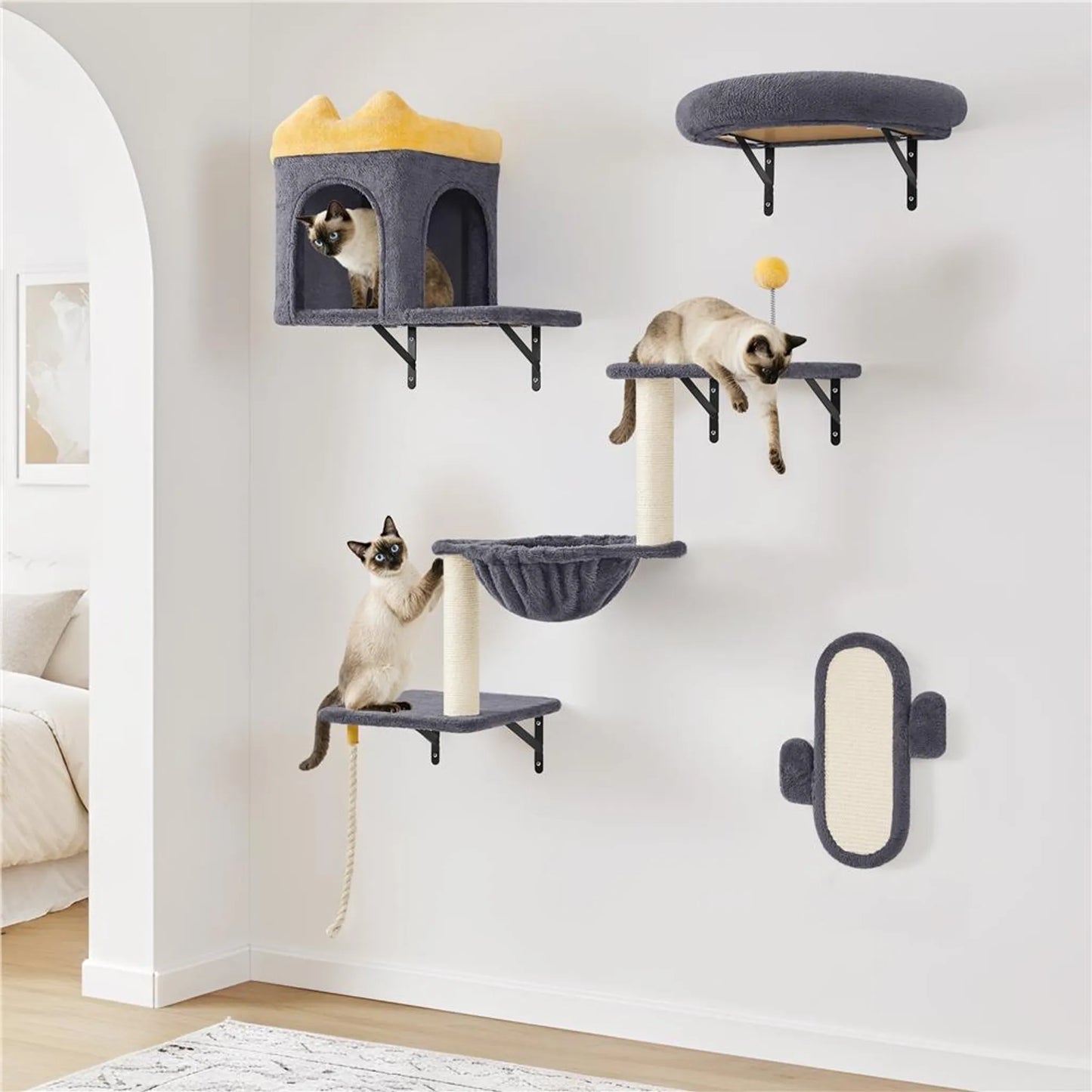Yaheetech Kattenmeubels Voor Wandmontage Set – 49 x 30 x 40 cm – Voorzien Van Kattenhol En Ligmand En Sisal Krabpalen En Meerdere Platforms – Voor 1-5 Katten – Donkergrijs Pluche En Metaal