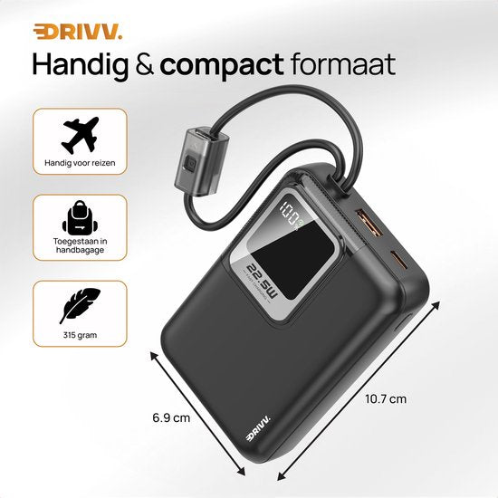 Drivv. Powerbank 20.000 mAh - Met Ingebouwde 8 pin & USB C Kabel - Inclusief 60W Oplaadkabel - 22.5W Snellaadfunctie - USB / USB C - Noodpakket