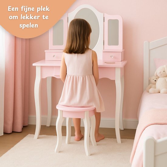 Maxx Kidz Kaptafel Kind met Spiegel - Roze Houten Kinder Make Up Tafel met Krukje - Schminktafel voor Kinderen - Meisjes Speelgoed vanaf 3 jaar