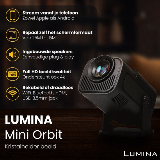 Lumina® Pro Mini Beamer 2025 – 4K Draagbare Smart Projector met WiFi 6 & Bluetooth 5.2 – Compatibel met iOS & Android – Ideaal voor Thuisbioscoop – Zwart