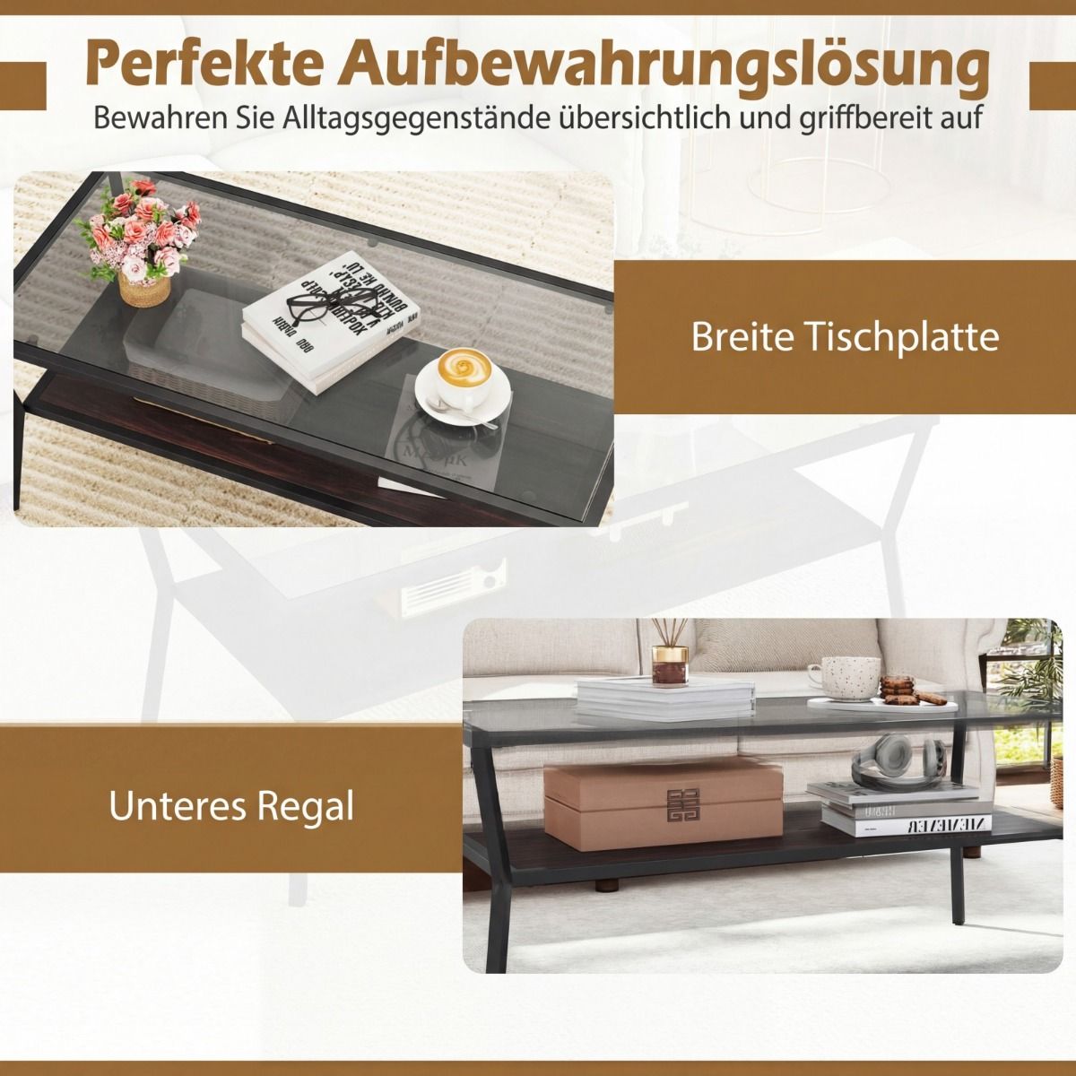 Coast Salontafel rechthoekig - gehard glazen blad - metalen onderstel - grijs en zwart