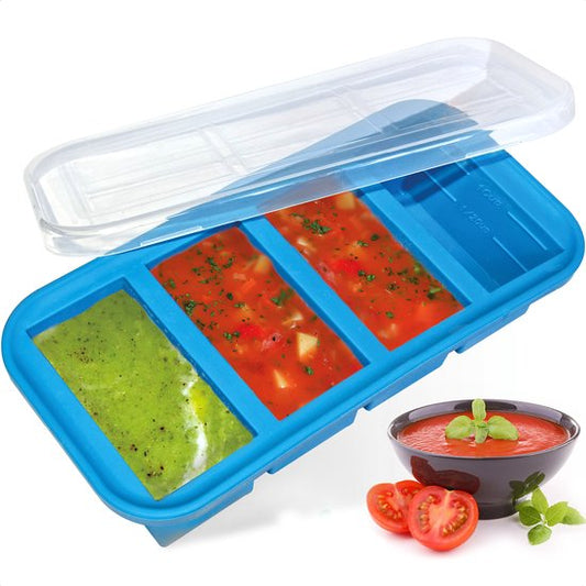 Goliving 4 in 1 Diepvriesbakjes - Vershoudbakjes - 4 x 250ml - Meal Prep Bakjes - Siliconen Bewaarbakjes met Deksel - Vershouddoos Babyvoeding - Diepvries en Magnetron - Blauw