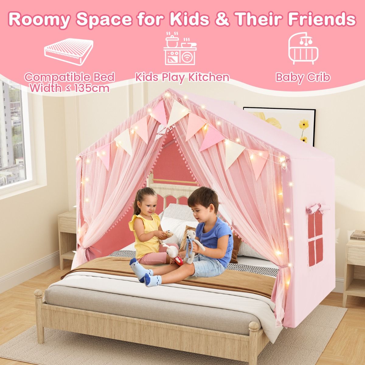 Coast Kinderspeeltent - met gordijnen en sterrenverlichting - grote speelhuis tent - roze