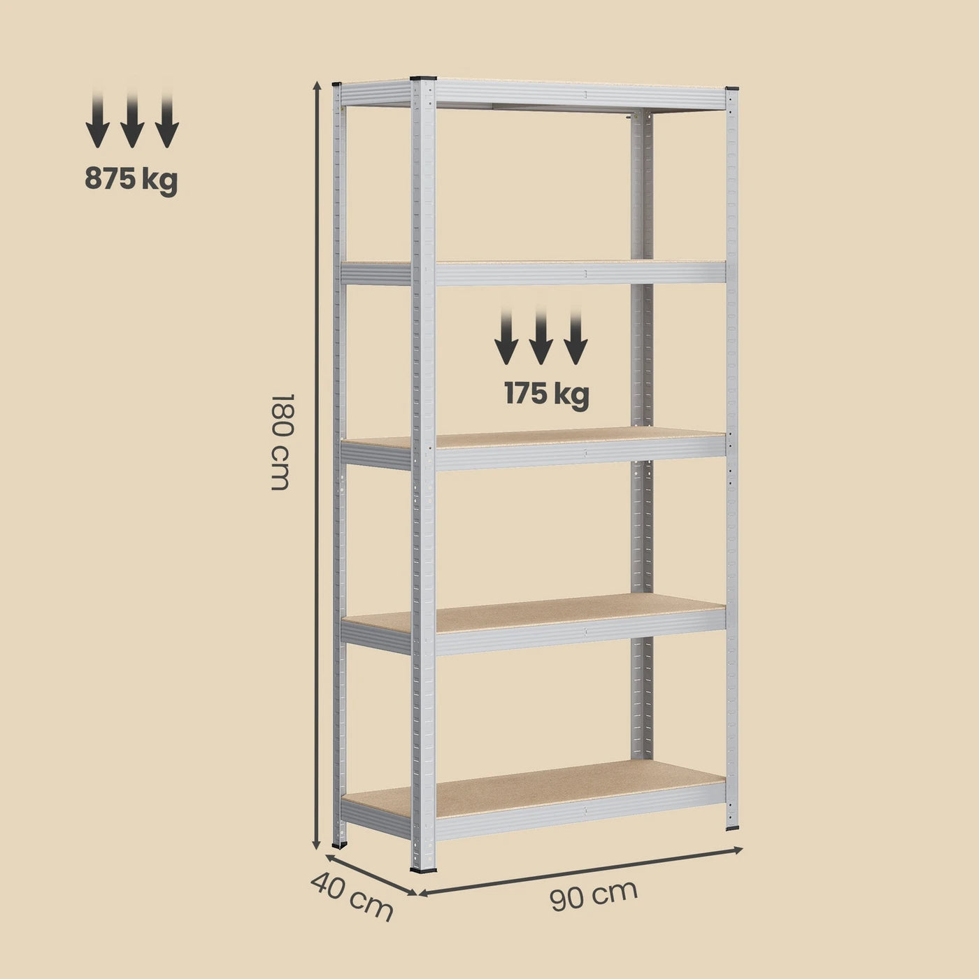 Ochama Stellingkast Set van 2 - 5 Niveaus - 90 x 40 x 180 cm - 175 kg per Plank - Staal en MDF - Zilver