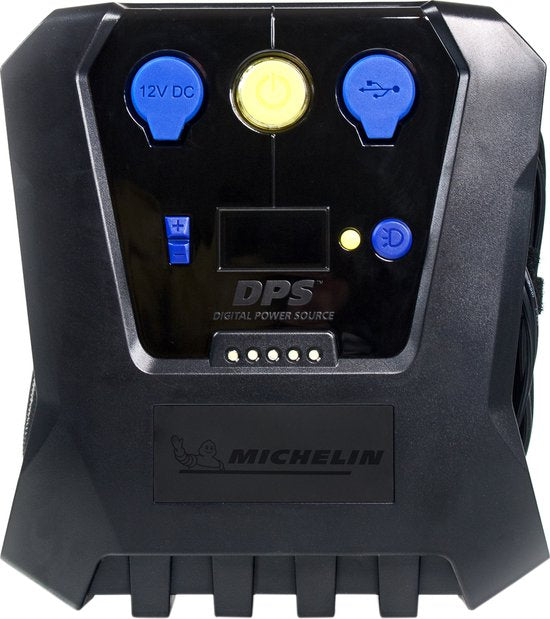 Michelin Compressor Bandenpomp 12V - Instelbare luchtdruk (0,05-7 bar) - Met USB-poort - Elektrische Bandenpomp - Fiets/Auto/Motor/Bal/Luchtbed - Met diverse mondstukken