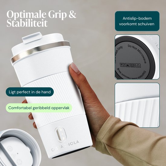 Castagnola Thermosbeker - Koffiebeker To Go - Travel Mug voor Koffie en Thee - Theebeker - 510 ML - RVS - Wit
