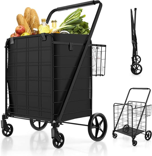 Costway Boodschappentrolley - Opvouwbaar - 2 Manden - Afneembare Oxford Tas - 150 kg
