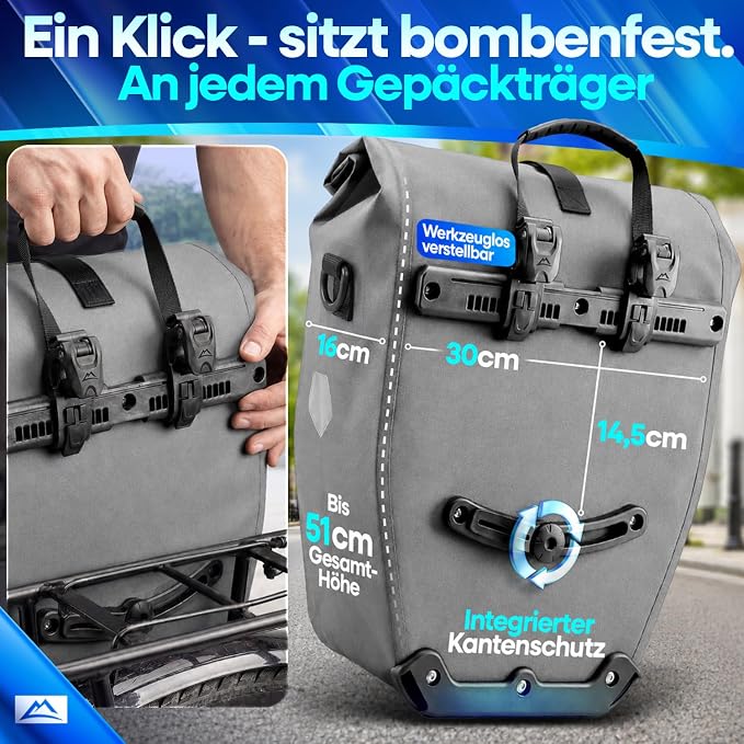 Nextcover Fietstas 28L - TPU - Rolsluiting/Gesp - Bagagedrager - Grijs