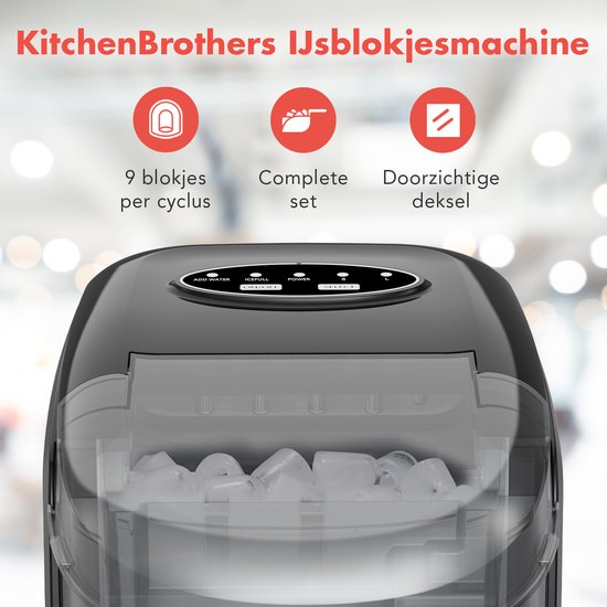 KitchenBrothers IJsblokjesmachine - 1.6L - 8 min. - 12kg/24u - Zelfreinigingsfunctie - IJsblokmaker met IJsschep - Zwart