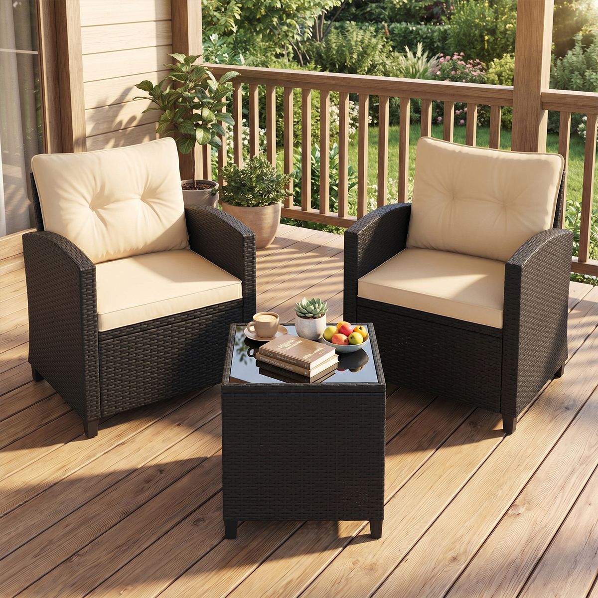 Coast 3-delige loungeset van rotan - met zit- en rugkussens - bijzettafel - beige