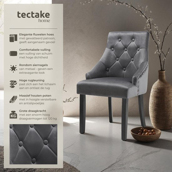 tectake 2 Eetkamerstoelen Set – Fluweellook & Armleuningen – Draagvermogen 120 kg – 52 x 57 x 91 cm – Donkergrijs/Zwart