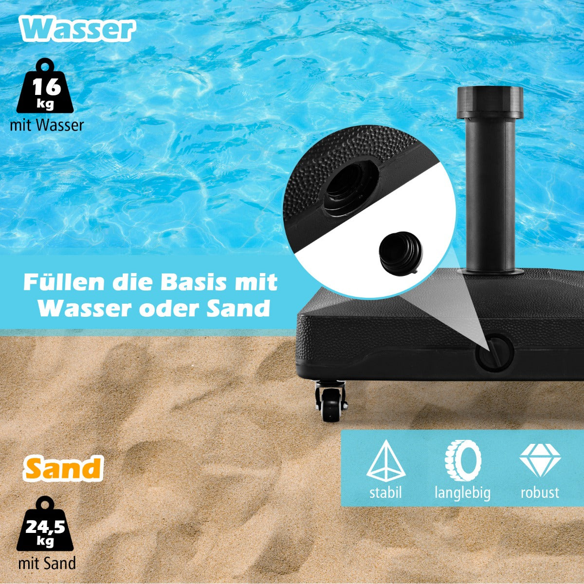 Coast Parasolvoet op Wielen - Vulbaar - Max. 25 kg - 45 x 44 x 40 cm - Zwart