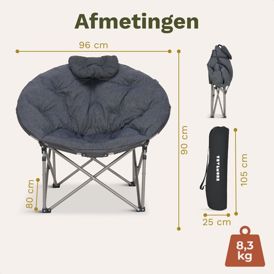 TRVLMORE Campingstoel XL - Opvouwbaar - 150KG Draagvermogen - Incl. Draagtas - Klapstoel - Kampeerstoel - Vouwstoel - Grijs