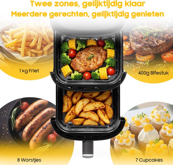 Airfryer met dubbele laag - 2700W Krachtig Vetvrij Frituren - 10L Heteluchtfriteuse met dubbele lade en verticale constructie bespaart 50% ruimte - 6 programma's - Grote capaciteit voor thuisgebruik - Inclusief Receptenboek
