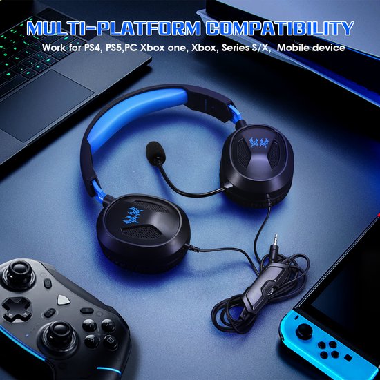 KOTION EACH G3100 Gaming Headset - Over-ear Koptelefoon met Microfoon - Geschikt voor Nintendo Switch,PS5, PS4, Xbox Series X|S, Xbox One, Mobile & PC - Zwart blauw
