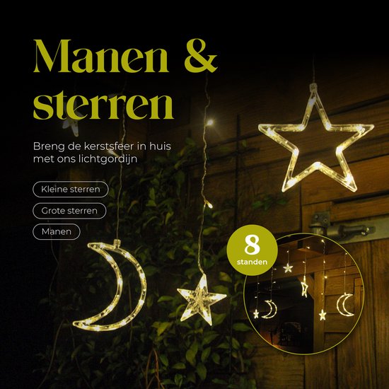 Giftmas Lichtgordijn – 120 LED Hangdecoratie – Warm Wit – Manen en Sterren – Kerst en Raamdecoratie – Voor Binnen en Buiten - Kerstversiering - 3.5M - Kerstverlichting