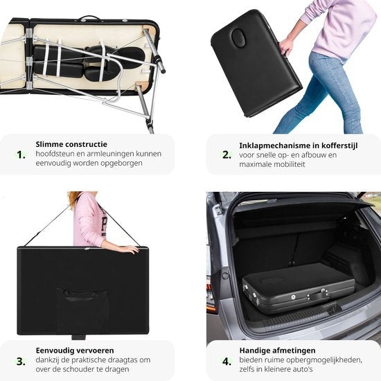 Mobiele Aluminium Massagetafel 3 Zones - Zwart - behandeltafel - behandelbank – incl. opbergtas – opvouwbaar