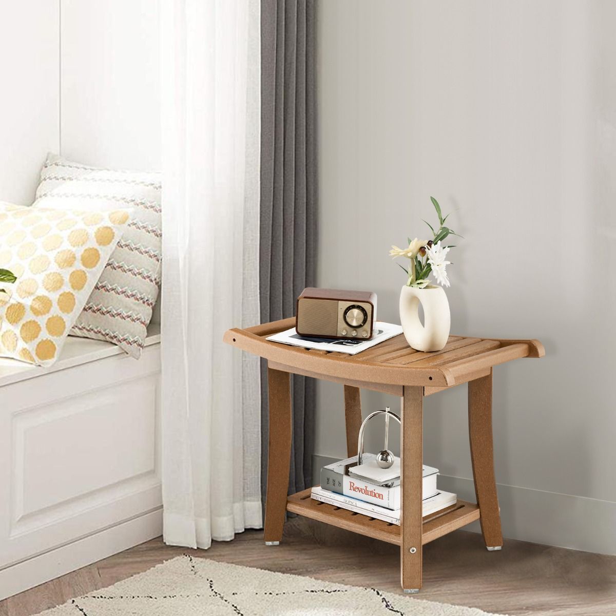 Coast Douchekruk - waterdicht - gebogen zitting - opbergplank - bruin - 60,5 x 34 x 48 cm