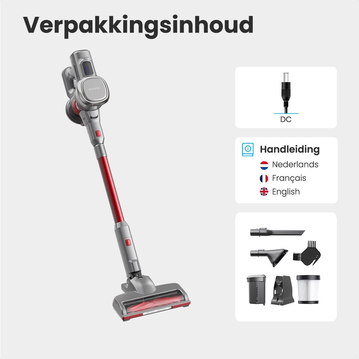 Auronic Steelstofzuiger - Zelfstaande Draadloze Steelstofzuiger - Zonder Zak - 220W - Vacuum Cleaner - Grijs/Rood