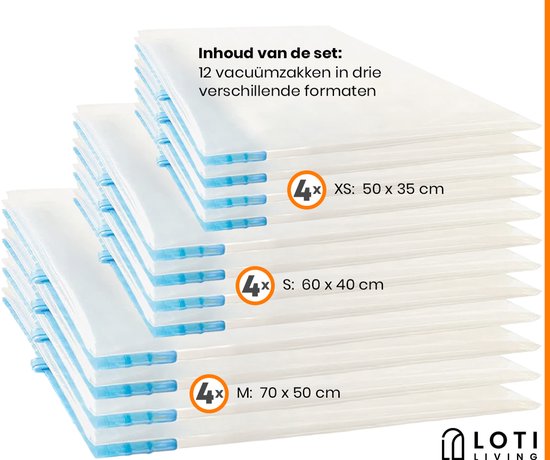 Loti Living Vacuümzakken voor op Reis - 12 Stuks/3 Maten - Kleding - Vacuüm Handrolzakken - Roll Up - Vacuümzakken Oprolbaar