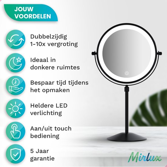 Mirlux Make Up Spiegel met LED Verlichting - 10x Vergroting Licht – Hoogte Verstelbaar - 3 Lichtstanden - Oplaadbaar - Vergrootspiegel Zwart