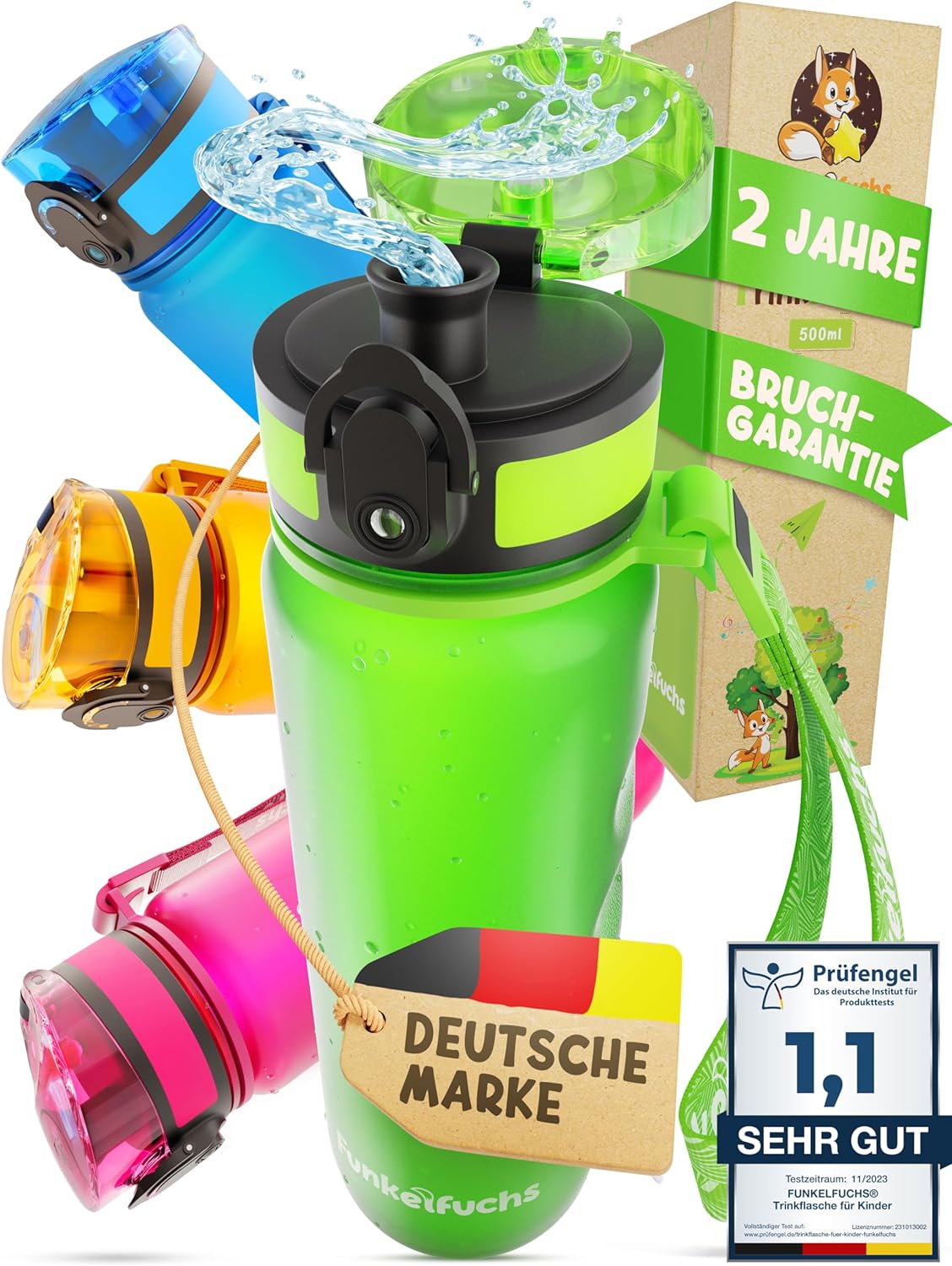 Funkelfuchs® - Drinkfles voor kinderen - 500ml, groen - koolzuurhoudend - 100% lekvrij - waterfles vaatwasmachinebestendig - voor kleuterschool, school, sport