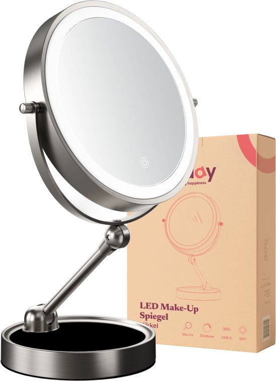 Fraay® Make Up Spiegel met LED Verlichting - 10x Vergroting - Vergrootspiegel met Licht - Oplaadbaar - Scheerspiegel - Badkamerspiegel - Nikkel