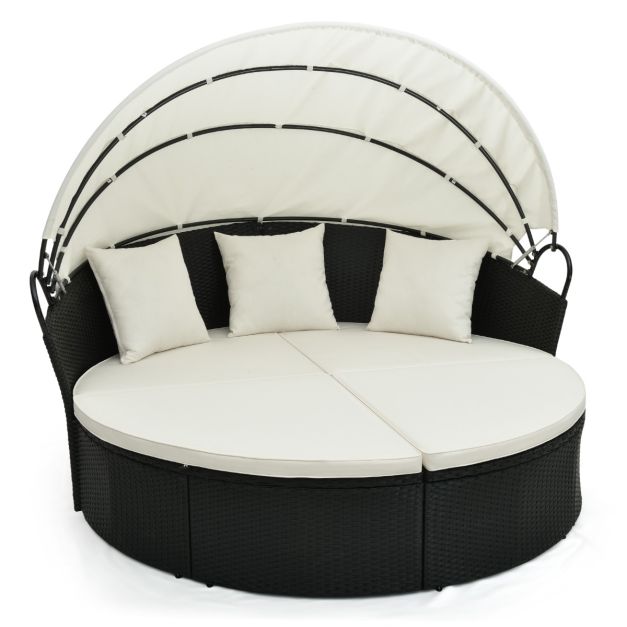 Costway Rond Ligbed – Incl. Kussens & Intrekbare Luifel – 187 x 180 x 157 cm – Zwart/Gebroken Wit
