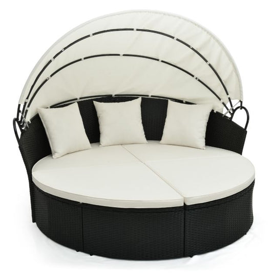 Costway Rond Ligbed – Incl. Kussens & Intrekbare Luifel – 187 x 180 x 157 cm – Zwart/Gebroken Wit