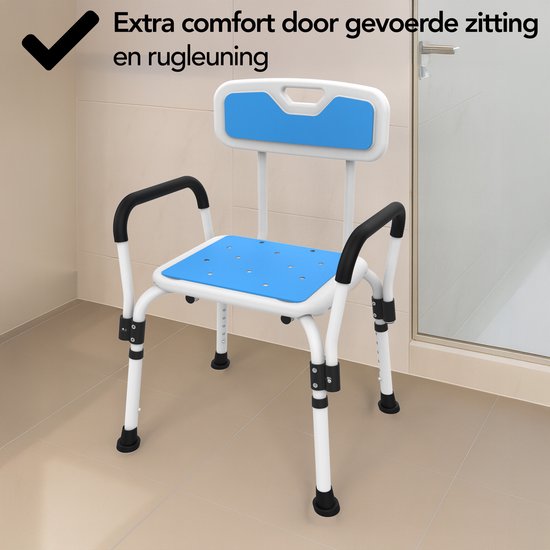 Brixy Douchestoel Met Afneembare Rugleuning En Armleuning - Anti Slip - Verstelbare Hoogte - Max. 150 kg - Douchekruk - Badkamerstoel