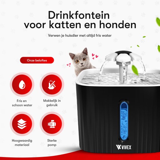 Vivex® Drinkfontein - Waterfontein voor Katten en Honden - Incl. 12 Filters en reinigingstool - Muisstil - Extra Filters