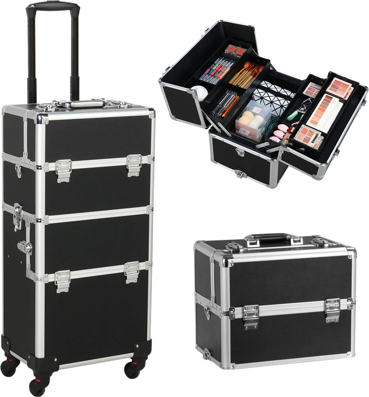 Yaheetech 3-in-1 Kosmetikkoffer Trolley 36x24x78 cm – Zwart – Aluminium en Kunststof