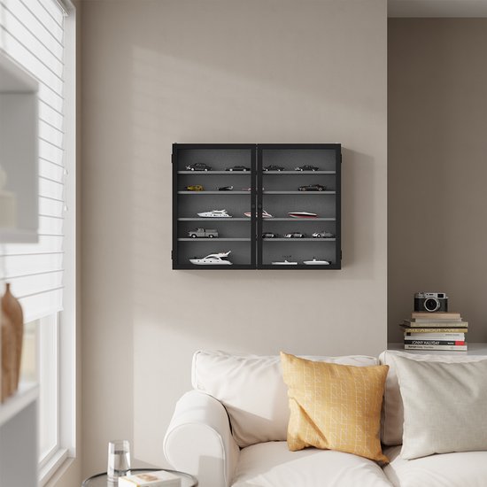SoBuy Wandvitrine – 4 Verstelbare Legplanken – Glazen Deuren – 80 x 12,2 x 60 cm – Zwart/Grijs